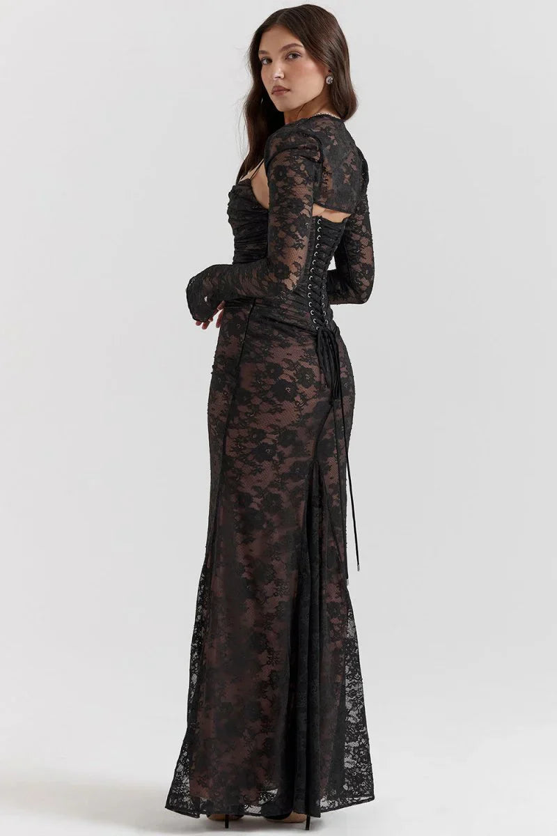 BÉLLEBOUTIQUE Shoulder-On Floral Lace Maxi Dress