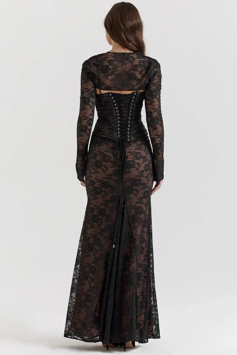 BÉLLEBOUTIQUE Shoulder-On Floral Lace Maxi Dress