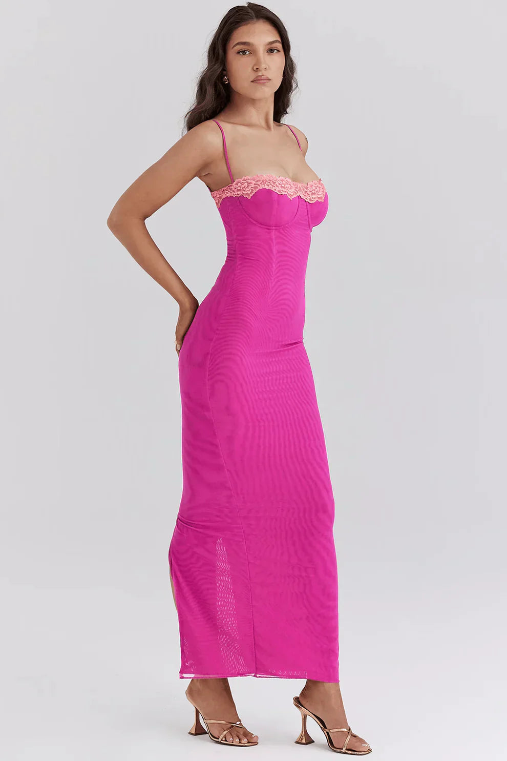 BÉLLEBOUTIQUE Contrast Lace Slit Maxi Dress