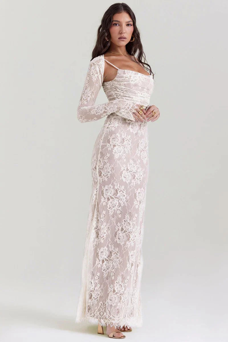 BÉLLEBOUTIQUE Shoulder-On Floral Lace Maxi Dress