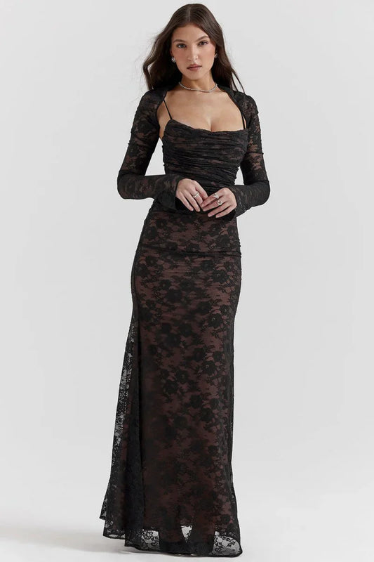 BÉLLEBOUTIQUE Shoulder-On Floral Lace Maxi Dress
