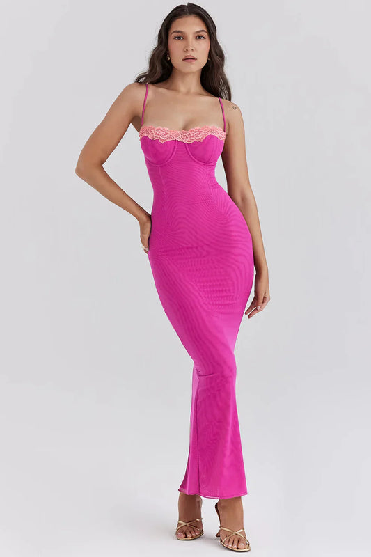 BÉLLEBOUTIQUE Contrast Lace Slit Maxi Dress